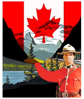 A mounty in front of a Canadian flag welcomes visitors